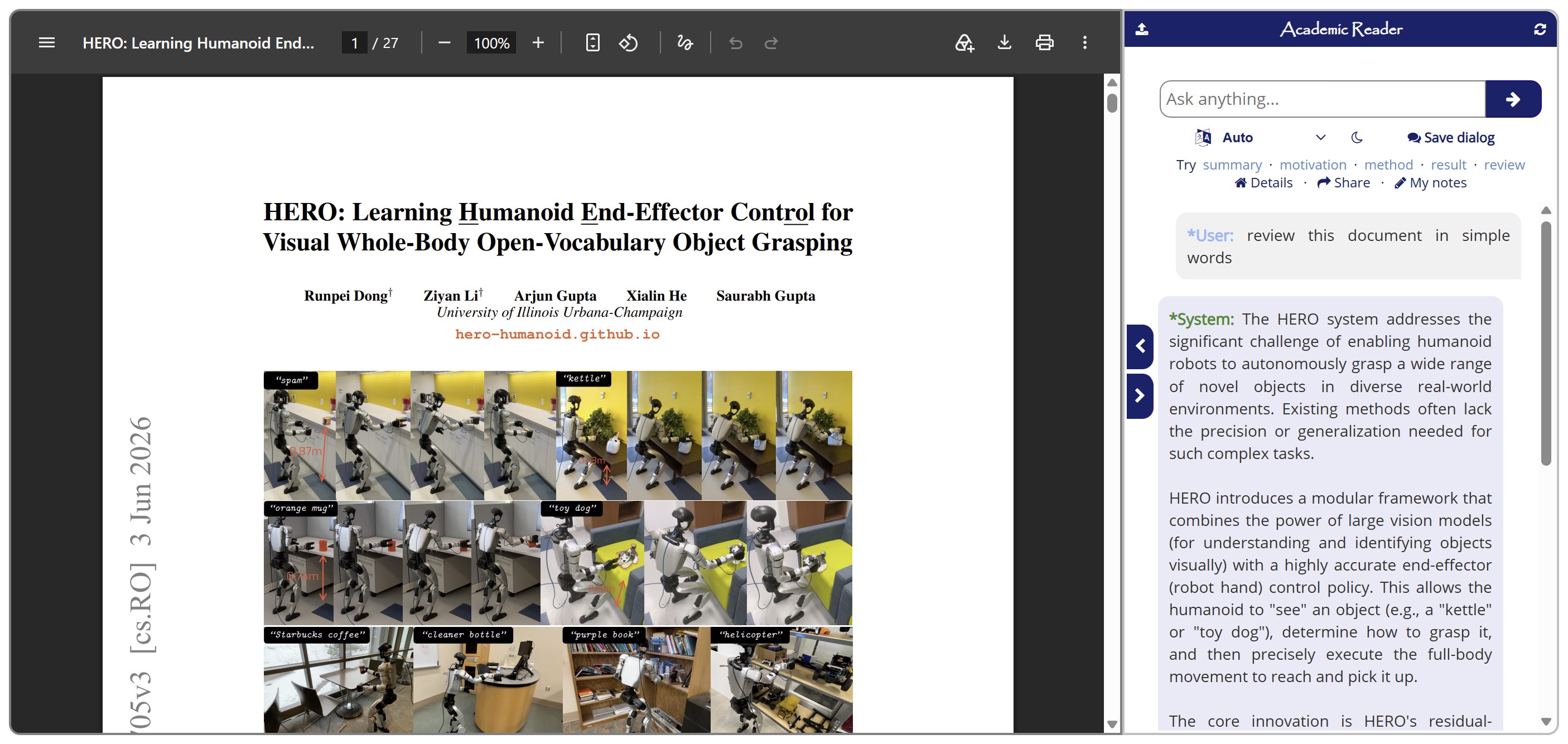 The Paper Digest Academic Reader: a robotics paper PDF open on the left, and the AI chat panel on the right with quick actions and a simple-words review of the paper