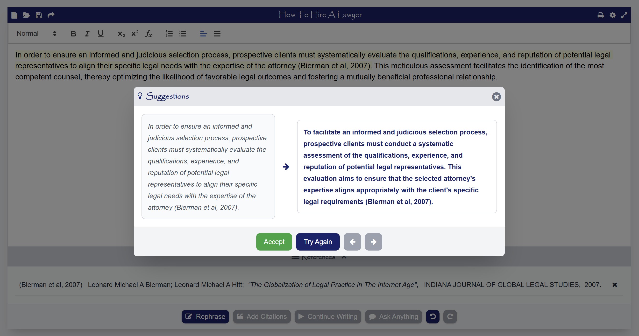 The Paper Digest Academic Writer: a rephrasing suggestion shown beside the original sentence for review, with a real linked citation in the reference list below