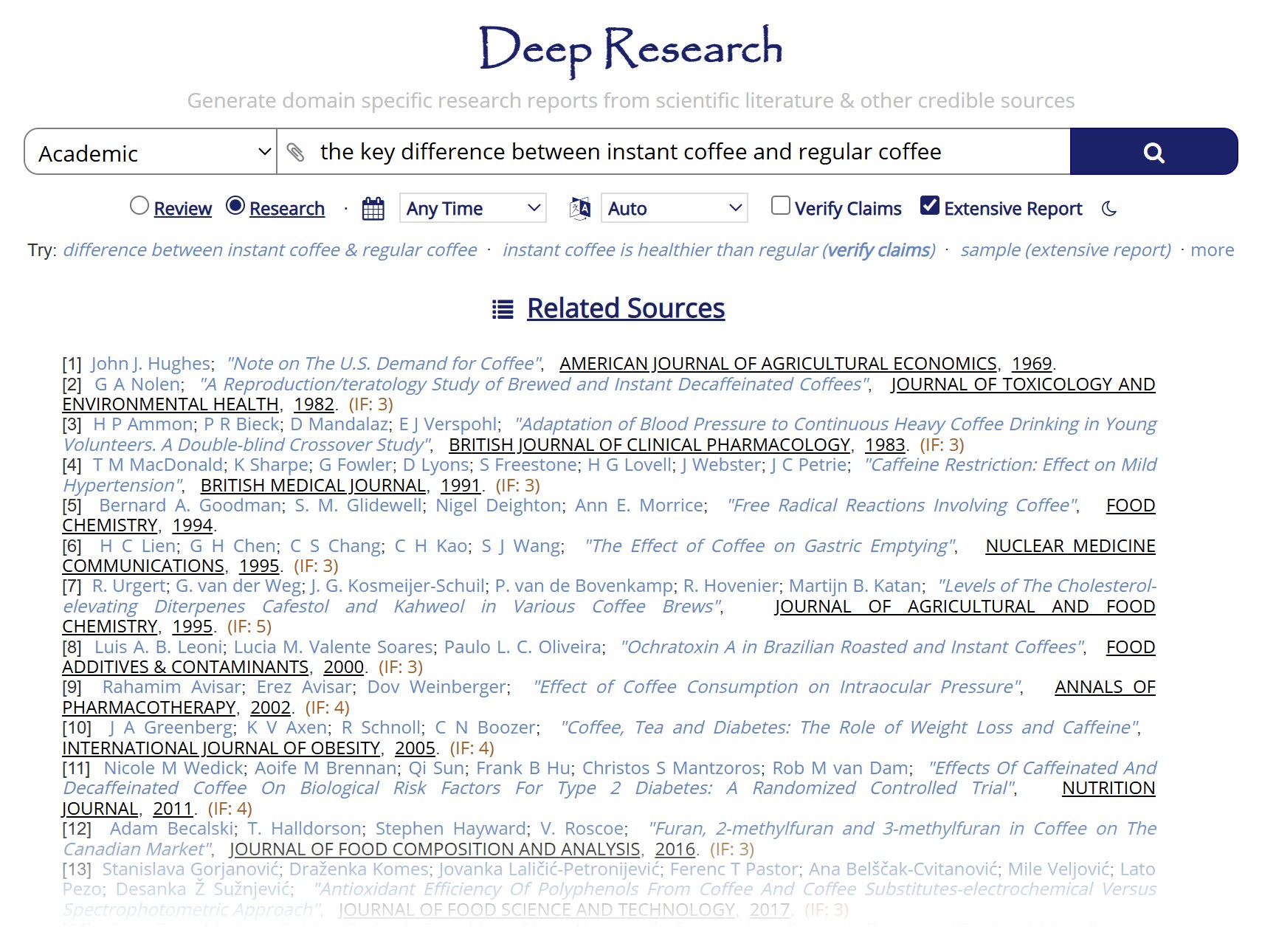 Paper Digest Deep Research on the difference between instant and regular coffee: the gathered related sources with journals, years, and impact factors
