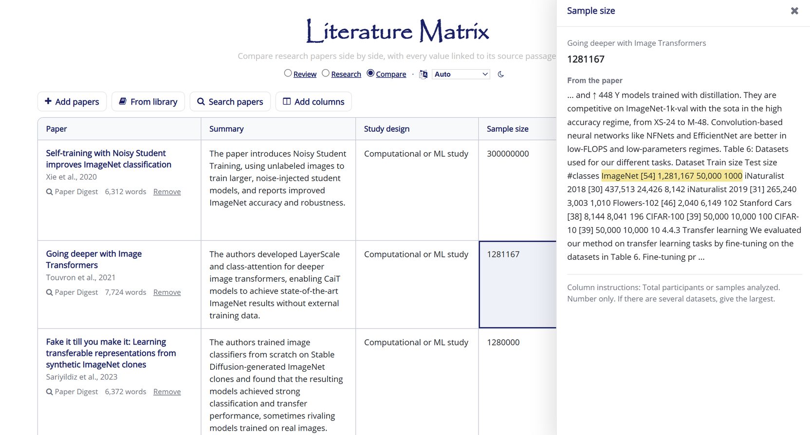 Paper Digest Literature Matrix: research papers compared side by side, with study design, sample size, and main findings, and the source passage of a selected value highlighted