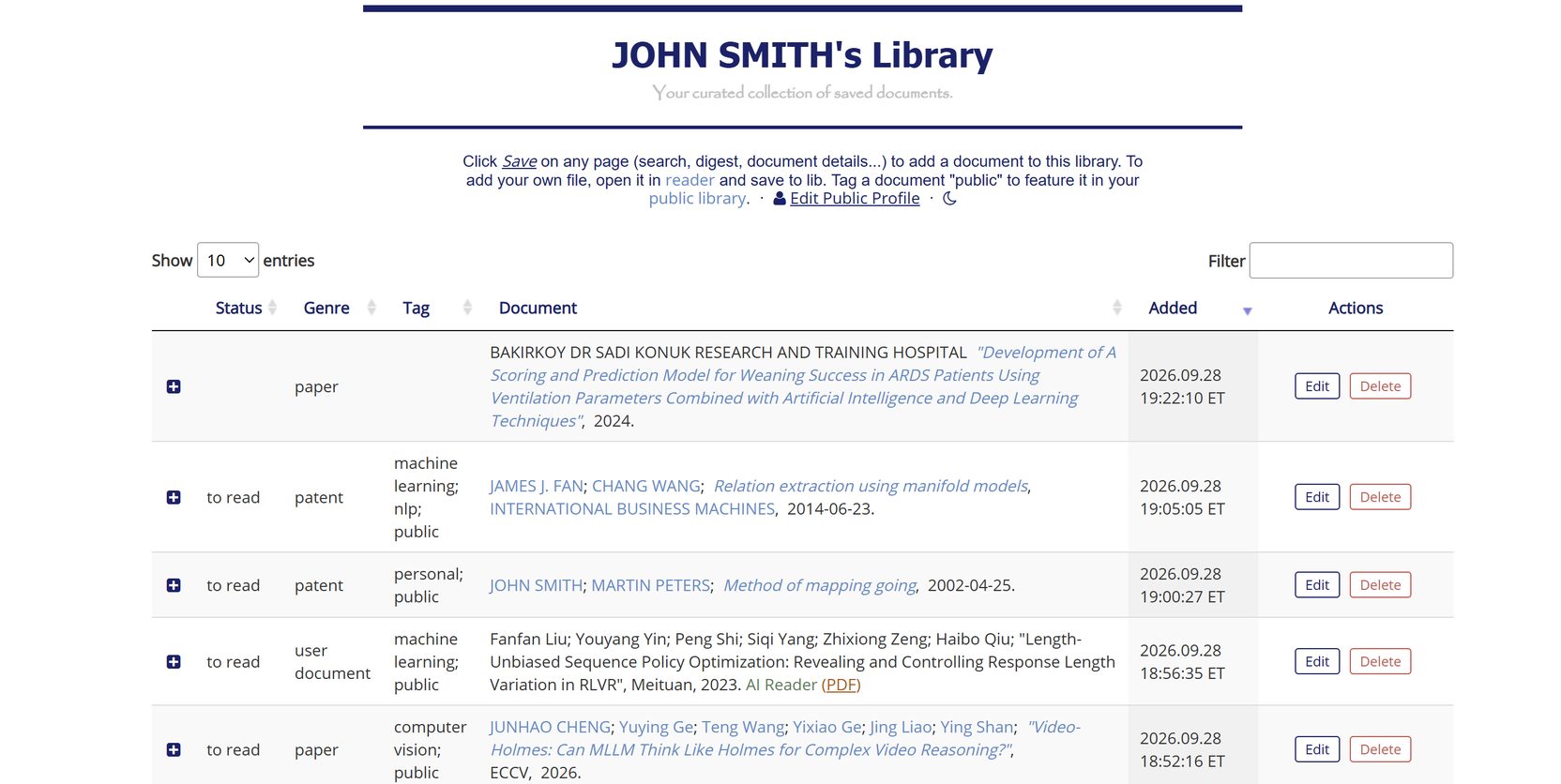 A Paper Digest research library: papers, patents, and uploaded documents with reading status, tags, notes, and edit controls